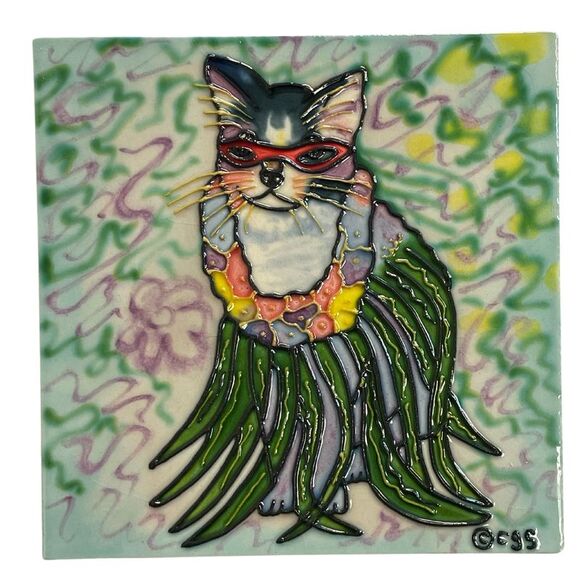 Tropical Green Sunglasses Hula Cat 6x6 Inches Ceramic Tile - Picture 1 of 4